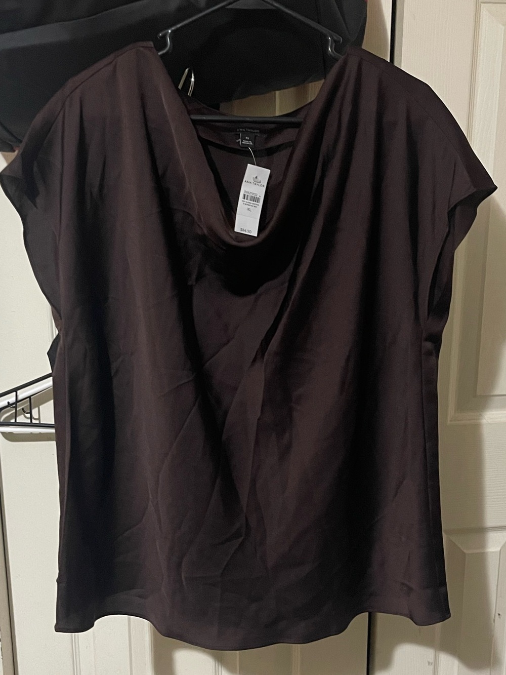 Ann Taylor Dark Brown Satin Cowl-Neck Cap Sleeve Blouse